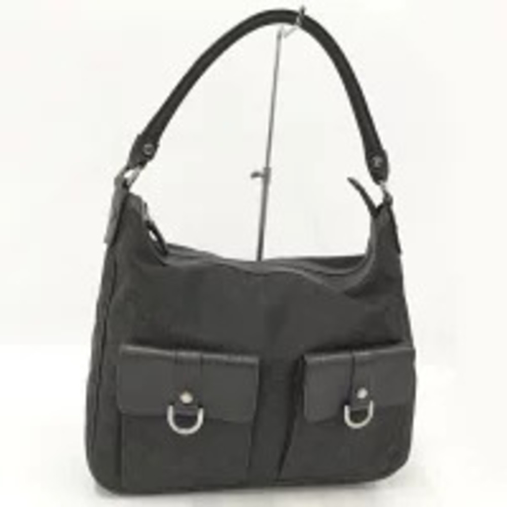 Gucci black canvas leather shoulder bag top zipper front flap Black